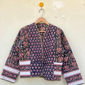 Cotton Quilted Jacket V- Neck New Style Jacket Hand Block Print Floral Indian Women&#39;s Clothing Coat Boho Jacket Gifts For Her