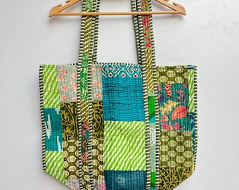 Cotton Quilted Tote Bag, Reversible Patchwork Shopper, Bohemian Style Bag