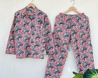 Handmade Indian Cotton Pajama Set, Floral Print Loungewear Boho Pajamas