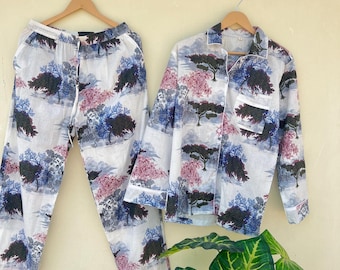 100% Cotton Pajama Set, Unique Print Cotton Pj Set, Indian Cotton Night Suit, Soft Cotton Comfortable Pj Set, Gift For Her Bridesmaid Pj Set