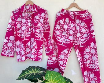 Handmade Cotton Pajama Set, Block Print Night Suit, Boho Matching Pajama Set, Bridesmaid Pajamas
