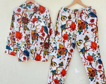 100% Baumwolle Pyjama Set, Floral Boho Loungewear Nachtanzug