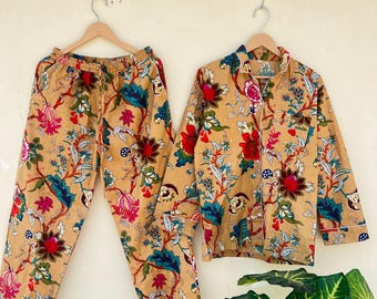 Indian Cotton Pajama Set, Floral Print PJs, Women's Sleepwear Night Suit