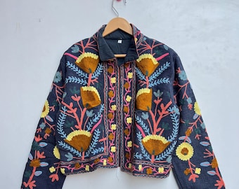Indian Cotton Suzani Hand Embroidery Jacket Coat, Women Wear, Winter Jackets, Jackets For Her, Bridesmaid Jackets