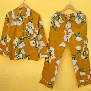 Indian Cotton Pajamas Set, Block Printed PJ Set, Unisex Cotton Set, Nightwear Dress, Boho Shirt and Trouser, Lounge Wear Women's Pajama Set
