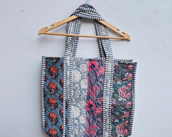 Cotton Quilted Tote Bag, Personalized Floral Patchwork Tote, Boho Beach Bag