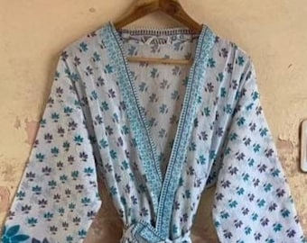 Indian Handmade White Cotton Kimono Beautiful Floral printing Kimono Vacation Wear Holiday Summer Clothing Resort Wear, Beach Wear Kimono
