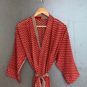 Red Printed Cotton Indian Beach Kimono Robe ,Kimono Robe,Cotton Robe,Shower Robe, Maternity Robe Bath robe Dressing Gown Beachwear long Robe