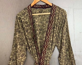 Unisex Silk Kimono Robe Recycled Silk Sari Kimono Boho & Hippie Fashion Women&#39;s Wear Kimono Beach Wear Comfortable Kimono Robe Silk kimono&#39;s