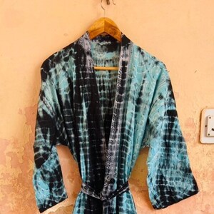 Black Blue Tie dye Cotton Kimono, Hand Tie dyed Kimono ,Vacation Look , Christmas gift, Loose Fit Robe, Beach Cover Up, Summer Party kimono