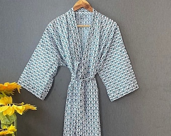 Cotton Kimono Robe Dressing Gown, Block Print Bridesmaid Robe, Summer Night Wear, One Size Plus