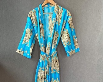 Beautiful Blue Color Tiger Print Kimono, Indian Women's Cotton Kimono Robe, Nightwear Kimono Dress, Women's Clothing