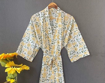 Indian Block Printed Cotton Kimono, Block Print Cotton Bathrobe - Floral Print Cotton Gown - Cotton Beach Cover up - Block Printed Gown