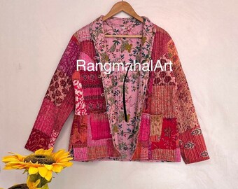 Pink Patchwork women quilted robe~Bridesmaid Reversible Quilted Warm Long Jacket~Block Patchwork~warm & soft kimono~valentine gift for her..