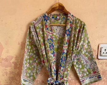 Green woman cotton floral sleepwear robe Nightwear kimono Bathrobe Dress,  Bridesmaid Maternity Shower Robe, Festival Clothing Summer Robe