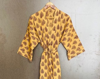 Beach Wear Robe, Cotton Sari Robe, Kimono Jacket, Tieup Knot Floral Dressing Gown,Summer,NightWear Robe block print kimono