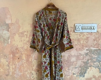 Cotton Kimono Robe Dressing Gown, Block Print Bridesmaid Robe, Summer Nightwear, One Size plus