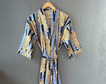 Beautiful Blue Colours Tiger Print Kimono, Indian Women's Cotton Kimono Robe, Nightwear Long Kimono Dress Unique Colour & Print Kimono Dress