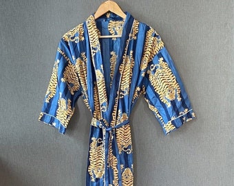 Beautiful Blue Color Tiger Print Kimono, Indian Women's Cotton Kimono Robe, Nightwear Kimono Dress, Women's Clothing India Soft Cotton Robes