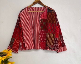 Veste matelassée en coton pour femmes avec passepoil kimono ouvert sur le devant