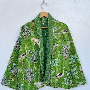 Djurtryckt indisk handgjord bomull Kantha kimonojacka, kort kimono damkläder handgjord jacka, present till henne Kantha vinterkappa