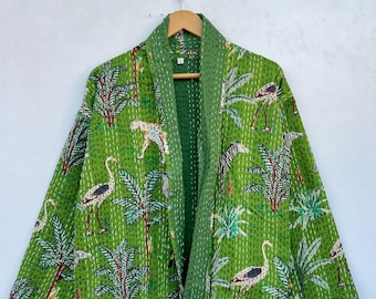 Djurtryckt indisk handgjord bomull Kantha kimonojacka, kort kimono damkläder handgjord jacka, present till henne Kantha vinterkappa