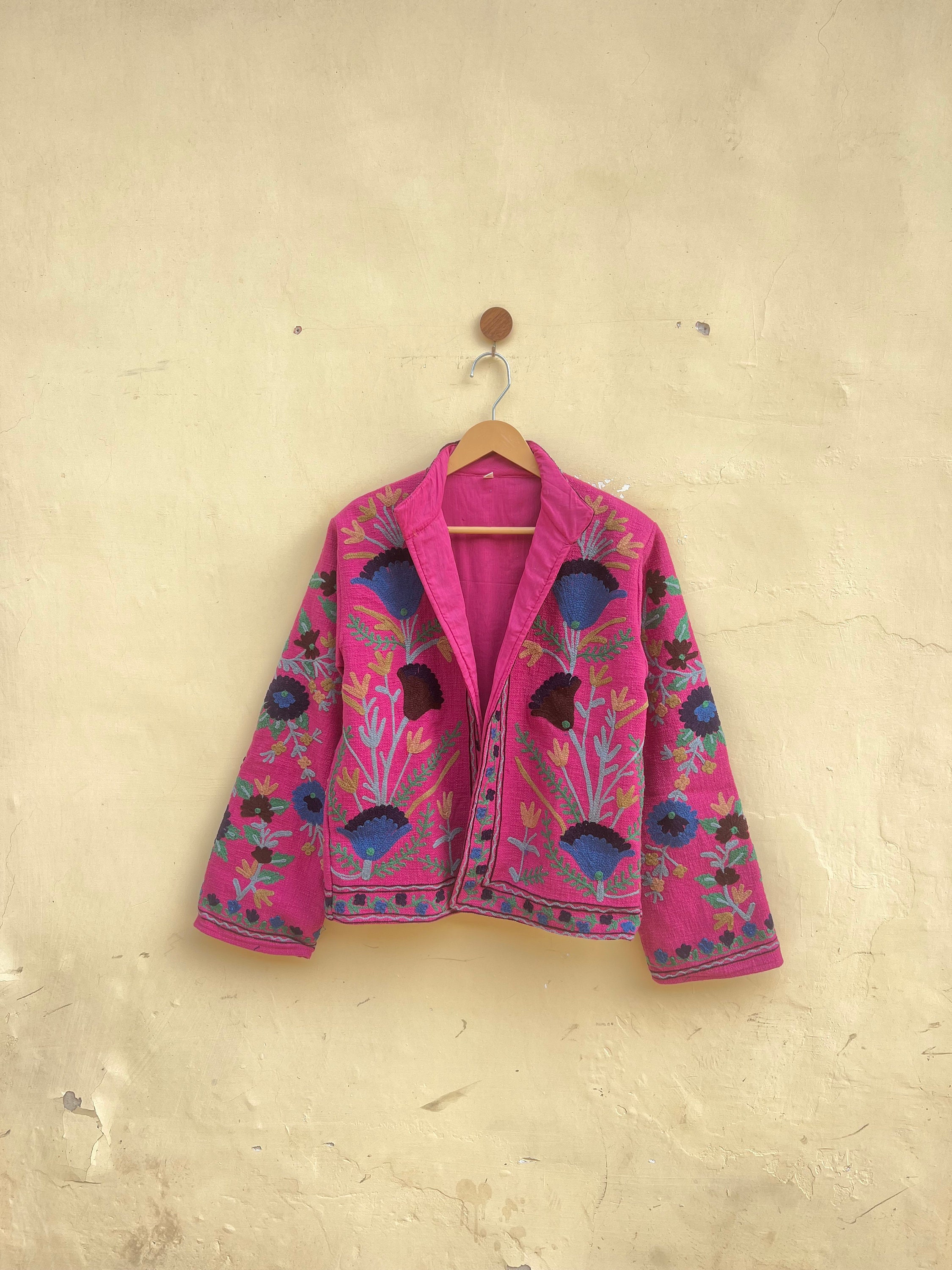 1970s Unlabeled Vintage Suzani Hand Embroidered Pink Open Front Coat