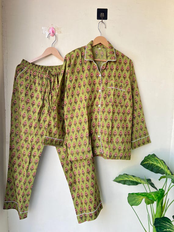 Cotton Pajama Set, Women Night Wear Dress, Indian Handmade Pajamas Set, Women Wear Cotton Shirt Pant Set, Block Print Pj Set, Gift For Her
