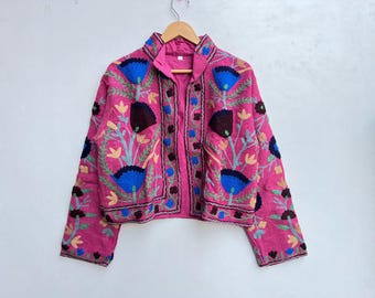 レディースジャケット ピンクのハンドメイドSuzani刺繍ジャケット、冬用ジャケットコート