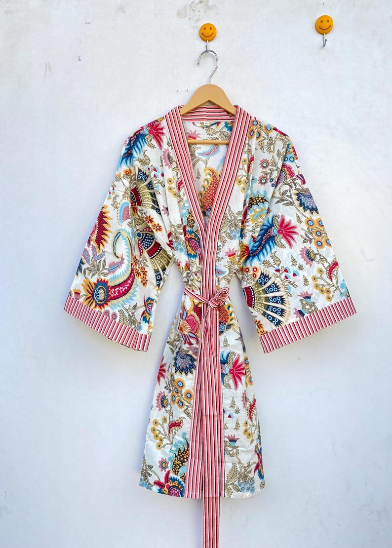 Colourful Robe 100% Cotton Kimono Robes Beautiful Cotton Pink Floral Kimono Dress ...