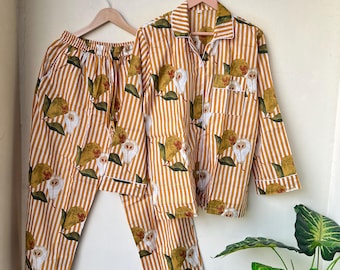 Hand Block Print Pajamas, Floral Pure Cotton Pj's, Pajamas Set, Indian Cotton, Night Wear, Soft Cotton Night Suit, Gifts, Bridesmaid Pj