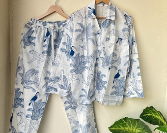 ジャングルプリントコットンパジャマセット、ピュアコットンパジャマ、レディースラウンジウェアパジャマセット