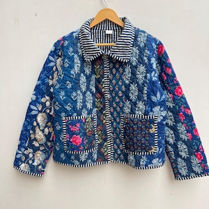 Cotton Handmade Patchwork Jacket, Women&#39;S Clothing, Reversible Boho Coat, Stripe Piping Collar Jacket, Gifts