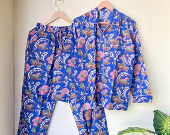 Handmade Cotton Pajama Set, Floral Print Boho Loungewear with Pouchs