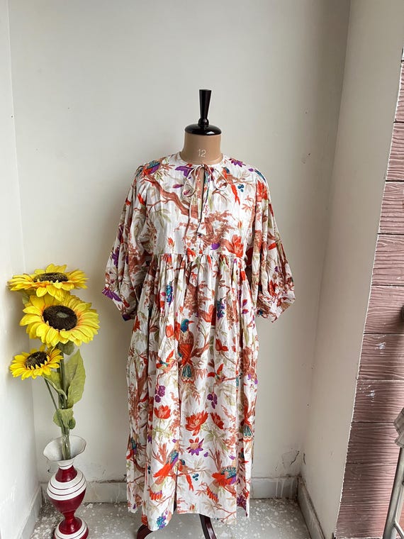 Beautiful Cotton Dress Bird Print Midi Dress Bohemian Cotton Dress Summer Dresses for Women Lightweight Loungewear Dress String Closer Dress