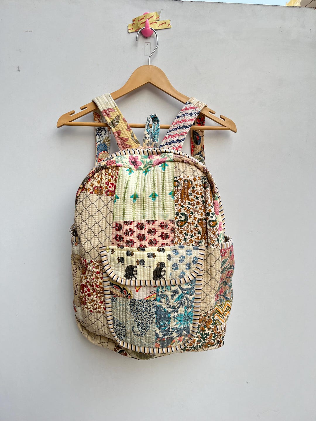 Cotton Quilted Patchwork Backpack, Stylish Multi-color Bag, Great
