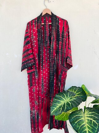 Kimono Lungo Da Donna In Cotone Stampato A Mano - Rosso Paisley, Stile Indiano, Con Cintura