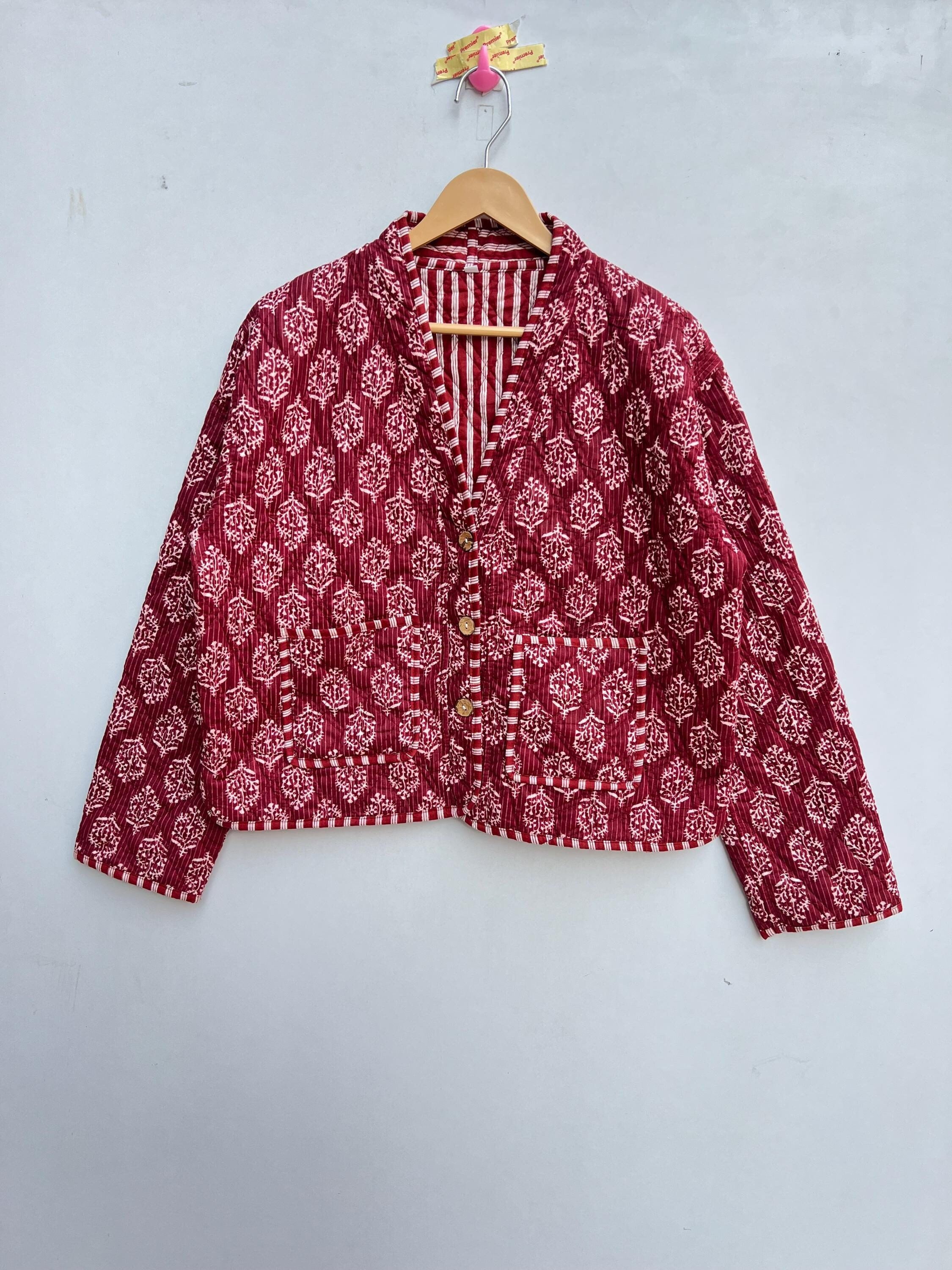Cotton Quilted Jacket V-neck New Style Indigo Jacket Hand Block