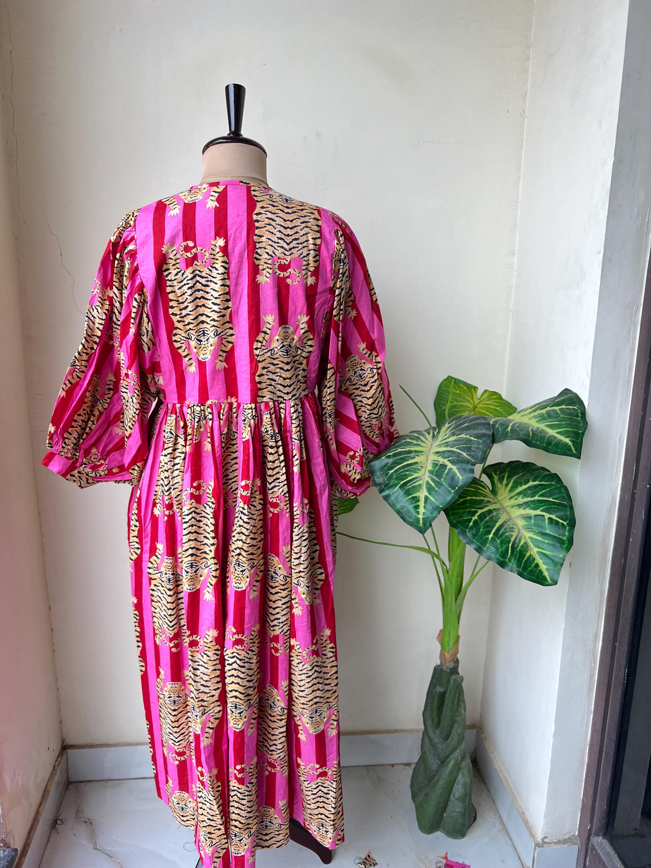 Pink Stripes Tiger Midi Dress, Mini Dress, Long Block Print Dress, Deep Neck with String Closer Beautiful Resort Wear Dress