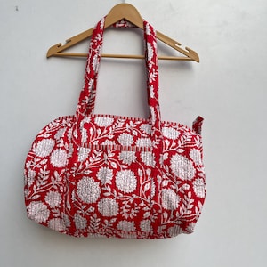 Large Cotton Weekender Travel Bag, Handmade Quilted Fabric Duffle Bag, Block Printed Overnight Bags, Hand Luggage Bag, Bags for Women