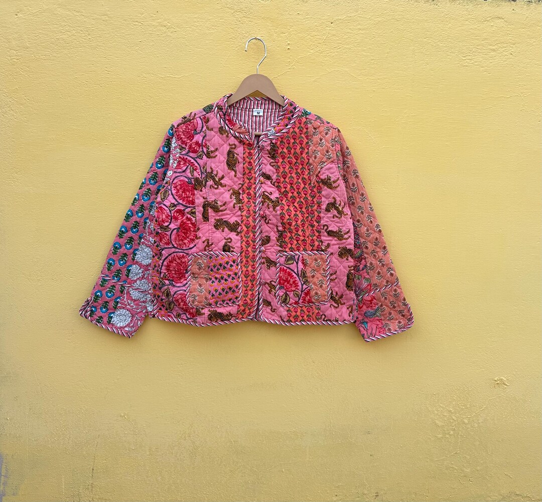 Indian Handmade Patchwork Cotton Quilted Jacket, Vintage Peach New ...