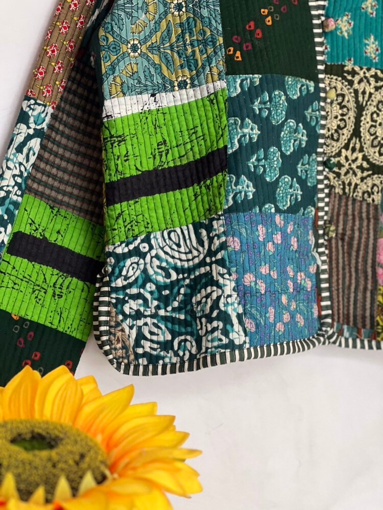 Cotton Quilted Jacket Women Wear Front Open Kimono Stripe Etsy