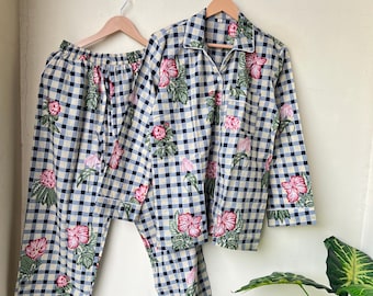 Women’s Cotton Pajama Set, Floral Check Print Pj Set, Loungewear Pj Set with Pouch