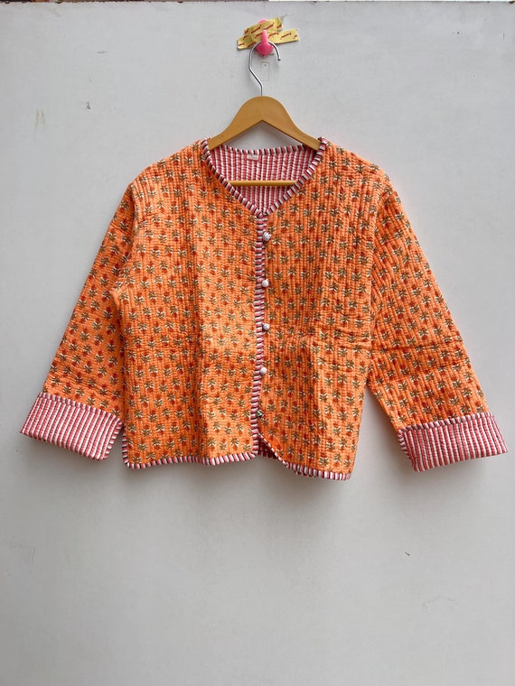 AMERI ★ INDIA BLOCK PRINT JACKET Block Print Short Quilted Jacket Indian Handmade Reversible