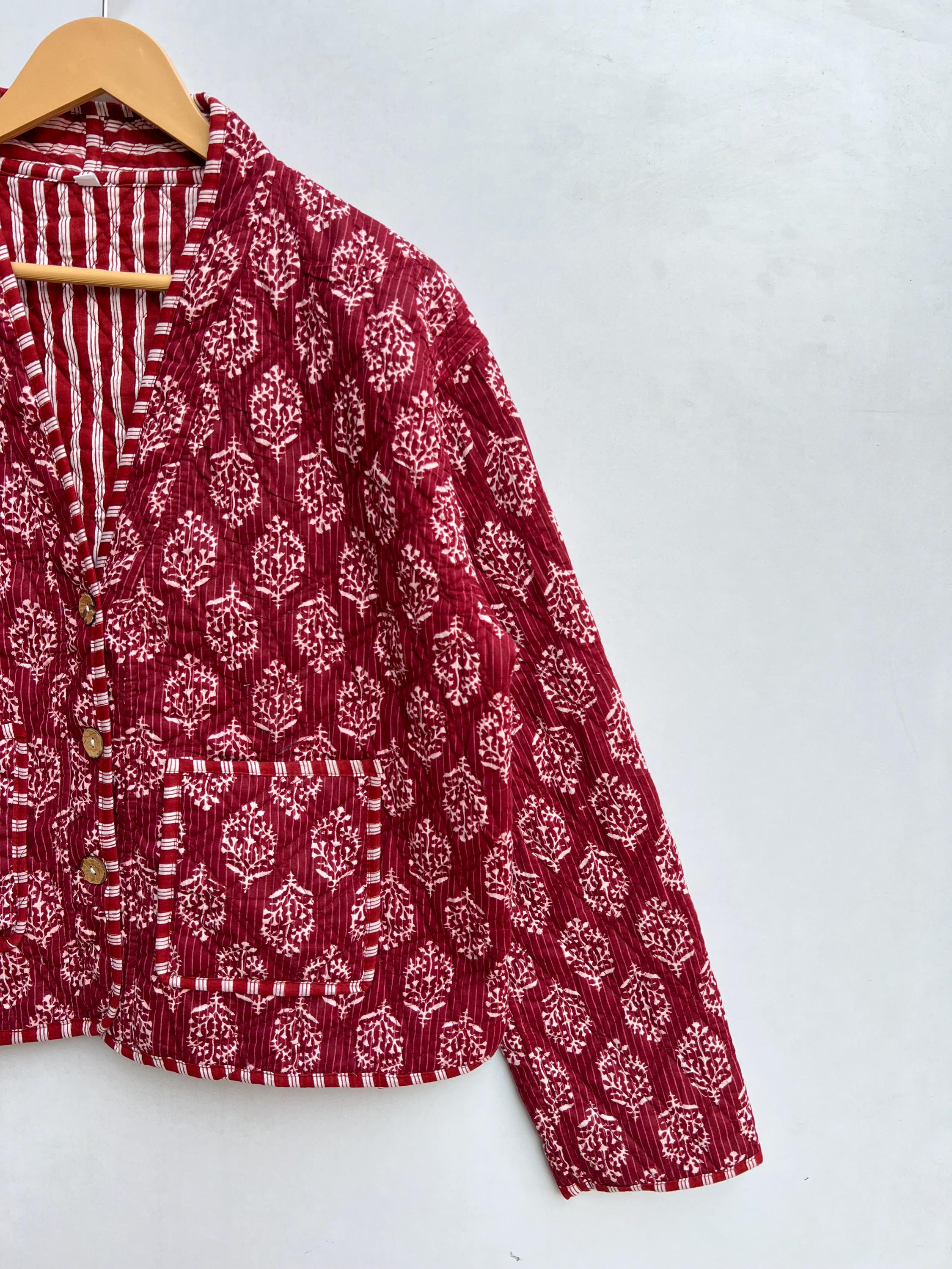 Cotton Quilted Jacket V-neck New Style Indigo Jacket Hand Block