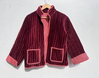 Women Wear Handmade Cotton Velvet jacket Indian Designer Reversible Front Open With Two Pocket Coat Girls Wear Velvet Cotton Designer Robe