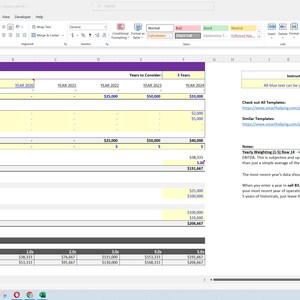May include: A screenshot of a spreadsheet with the title "SmartHelping.com Business Valuation Estimator". The spreadsheet is used to calculate the value of a business. The spreadsheet includes columns for "Year 2020", "Year 2021", "Year 2022", "Year 2023", and "3 Years". The spreadsheet also includes rows for "Start with your Company's Annual Net Income", "Line Items to be Added Back", "Provision for Income Tax Expense (Federal/State)", "Depreciation", "Amortization", "Any irregular expense items for reliance irregular income", "EBITDA", "Yearly Weighting (0.33)", "Normalized EBITDA", "Enterprise Value", "Add Back Redundant Assets", "Cash", "Real Estate", "Reduce Debt", "Loans", "Anything Owed to 3rd Party", "Equity Value", "Sensitivity Analysis", "EBITDA Multiple", "Enterprise Value at Various EBITDA Multiples", "Equity Value at Various EBITDA Multiples".