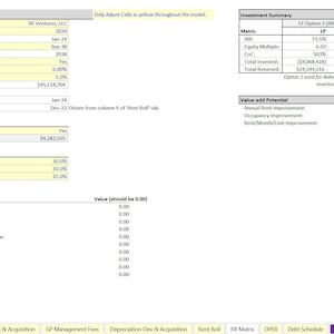 May include: A spreadsheet with a yellow highlighted section titled "Main Project Assumptions". The spreadsheet contains financial data for a real estate project, including the company name, launch year, exit cap rate, and total equity required for the project. The spreadsheet also includes a section titled "Investment Summary" with data on the equity multiplier, cost of capital, total invested, and total returned.
