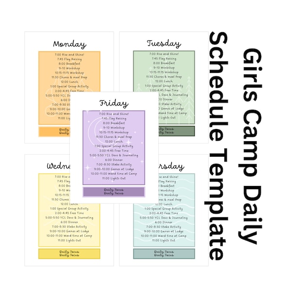 Girls Camp Daily Schedule Template, Girls Camp Schedule Download, Girls Camp, LDS, Young Women, Church Camp