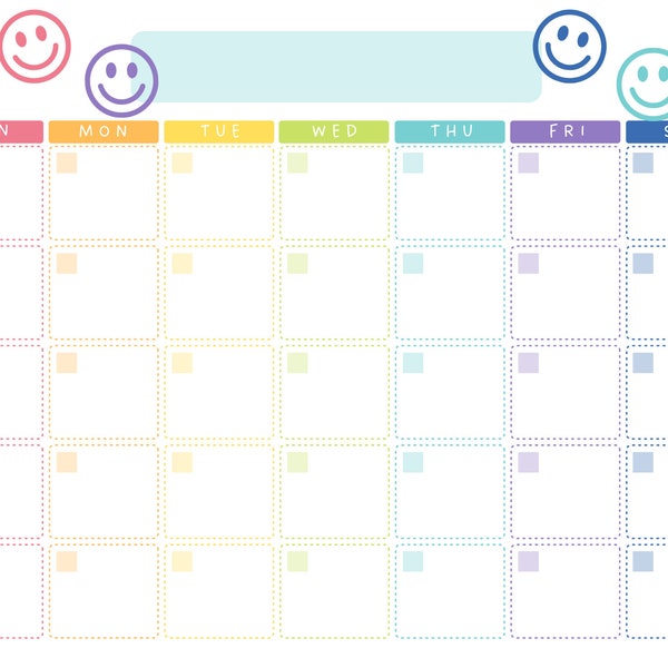 Blank Calendar Printable, Fill in Calendar, Colorful Calendar, Elementary Calendar, Kids Calendar, Rainbow Calendar, 2024 Calendar, summer